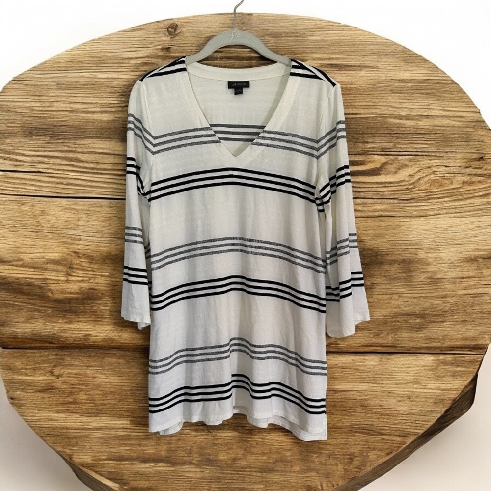 J. Jill Wearever Striped Tunic Top V-Neck Long Sleeve Black‎ White Small